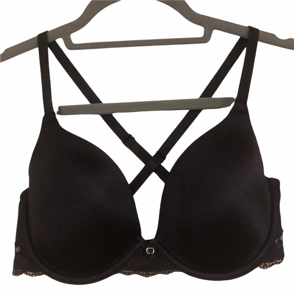 Lily of France Underwire‎ Bra Women 34C Black Convertible Cross Back Lace Accent